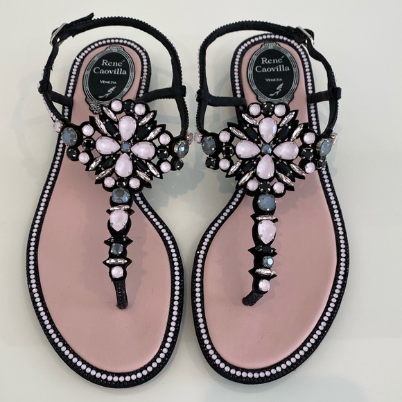 RENE CAOVILLA PINK BLACK EMBELLISHED SANDALS SIZE IT 38.5 / US 8.5 - Picture 7 of 17